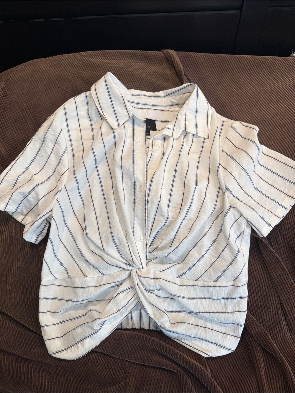 Lumiere White Striped Knot Front Crop Top